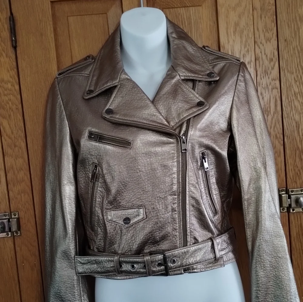 NWT Lamarque Roberto metallic gold leather belted moto jacket - Picture 2 of 15